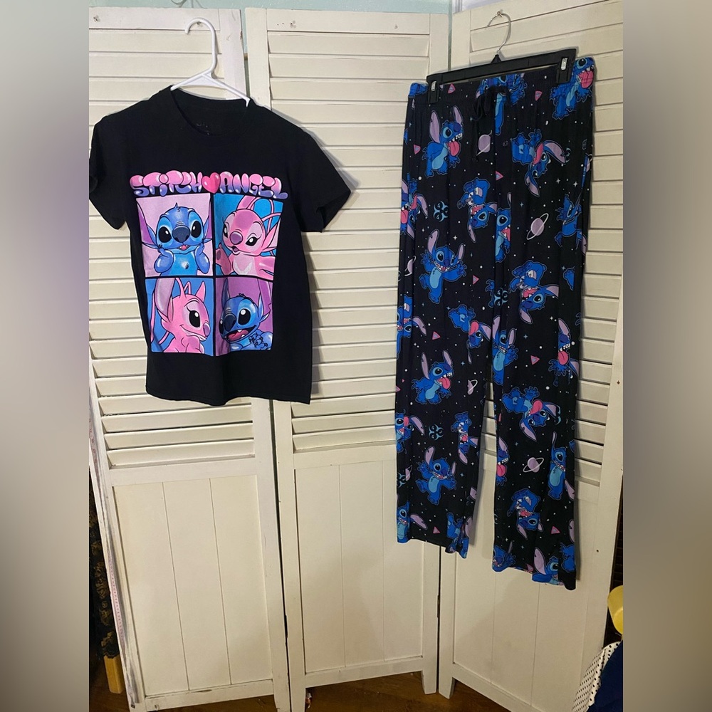 Two piece Loungewear outfit including Lilo &Stitch pajama bottoms and  tee